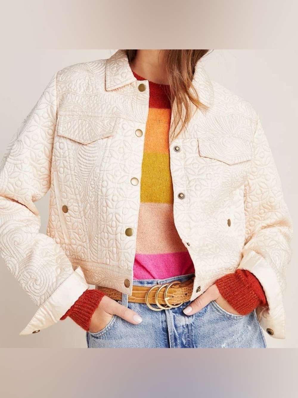 Anthropologie fredrica Cream Quilted Cropped Jacket Medium